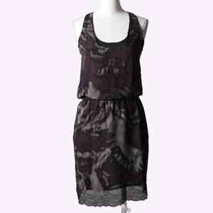 ROBERT RODRIGUEZ Purple and Black Printed Silk Lace Trim Sleeveless Tank Dress